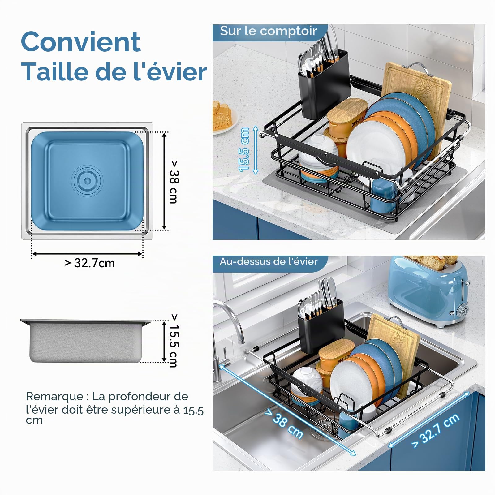 Dish Draining Board - Large Capacity Dish Drainer in the Sink, Extendable Drainer with Utensil Holder for Kitchen Countertop, 97-56.7 x 32.8 x 15.5 cm