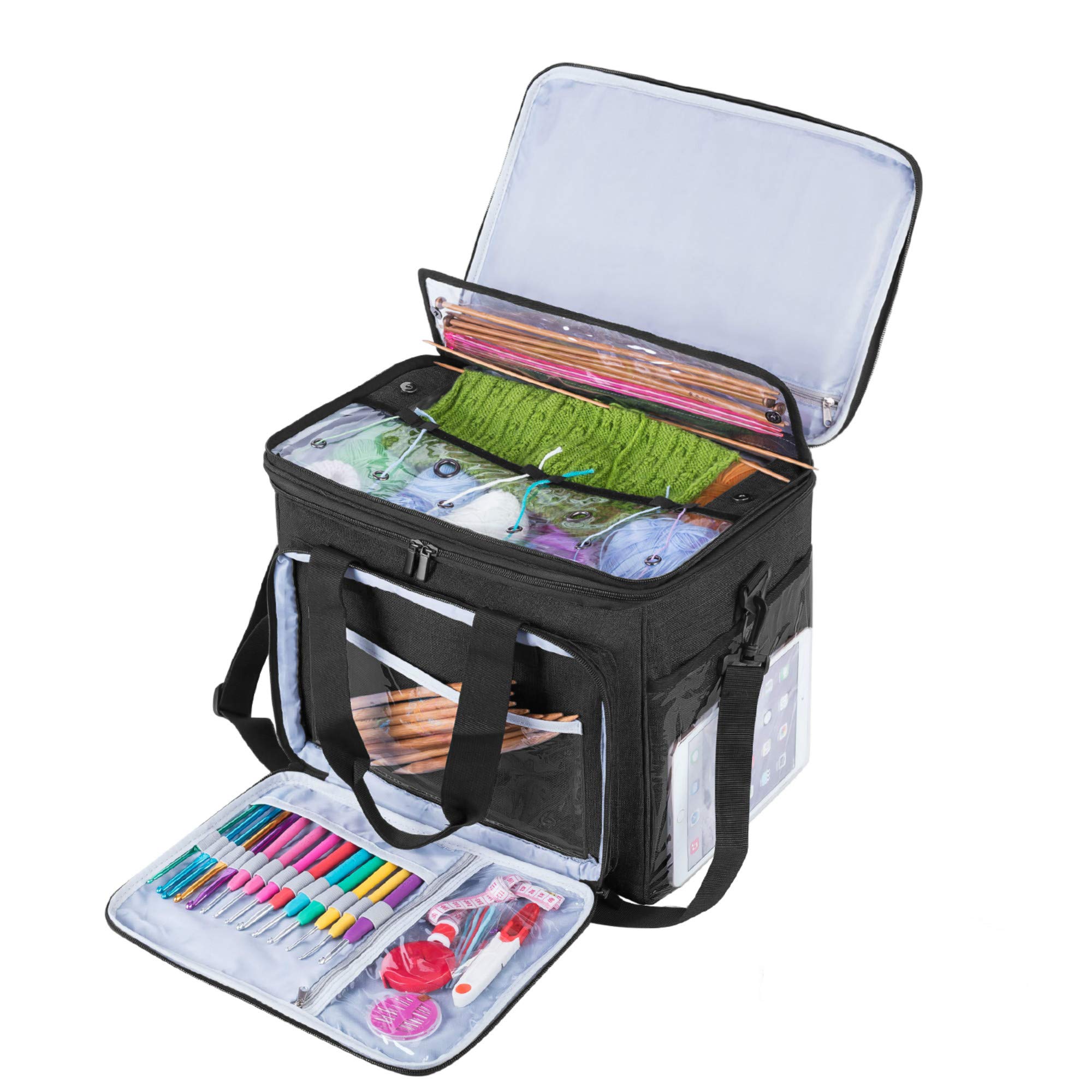 Teamoy Sac de Rangement pour Laine, Organiseur de Tricot Portable avec Bandoulière Amovible, Sac de Voyage pour Aiguilles, Crochets et Accessoires de Couture, Noir