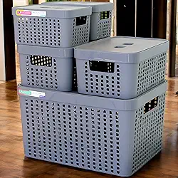 Kit 5 Caixas Organizadoras com Tampa Plástico Resistente Multiuso Armário Cozinha Lavanderia (CINZA)