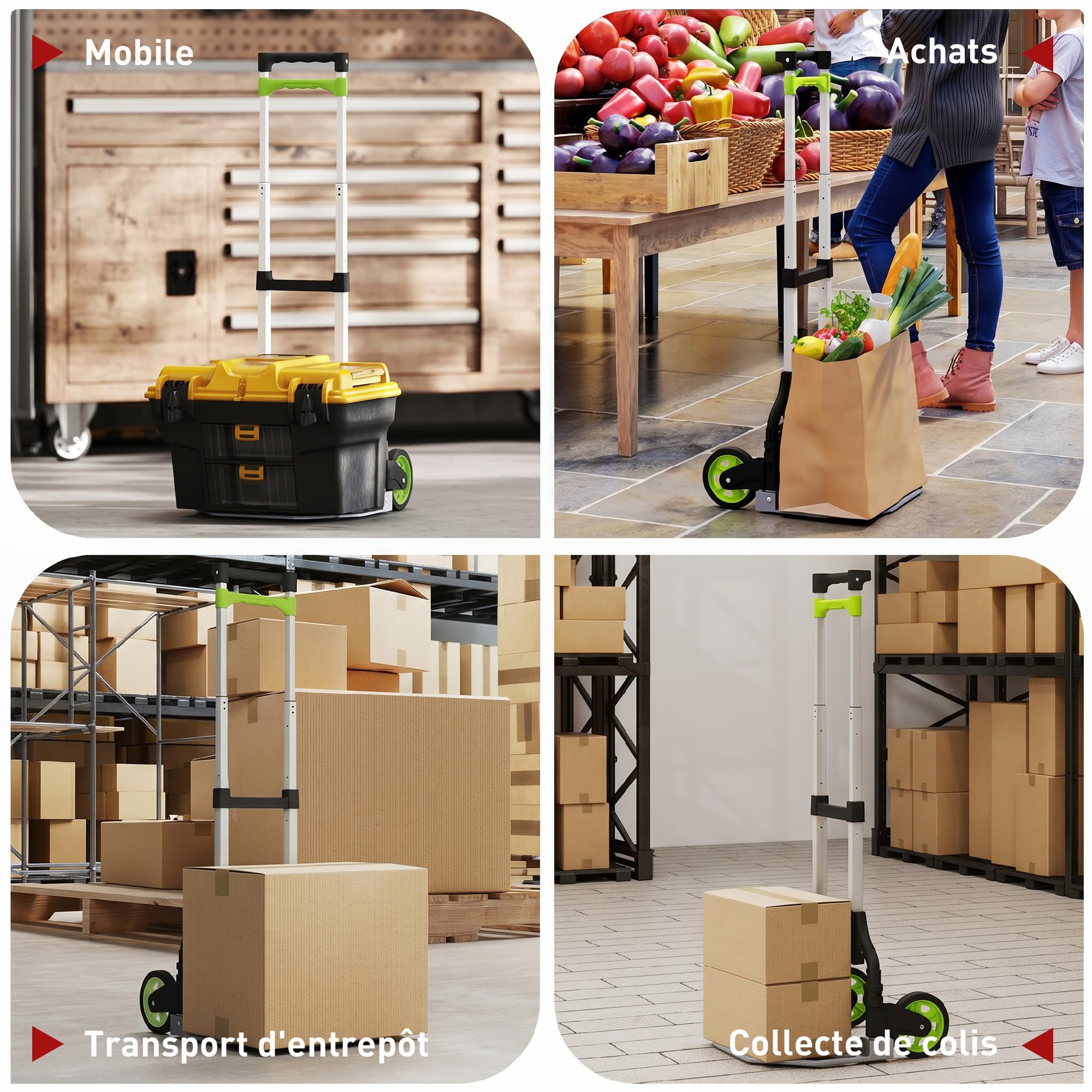 HOMCOM Diable Pliable Diable Pliant Poignée Télescopique 100 cm Vert | Charge 70kg, Chariot de Transport pour Objets Lourds & Volumineux, Aluminium, Entrepôt, Aéroport