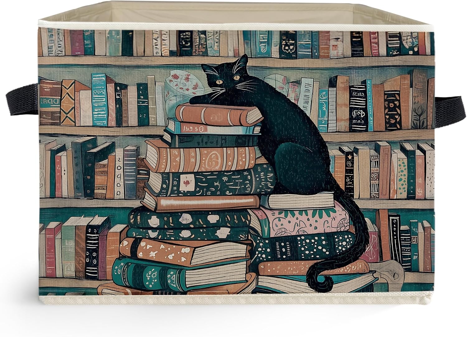 Witchy Black Cat Book Storage Box Bins, Reading Corner Nook Room Decor, Mystical Bookish Cat Collapsible Storage Basket Organizer for Home Library Classroom Clothes Books