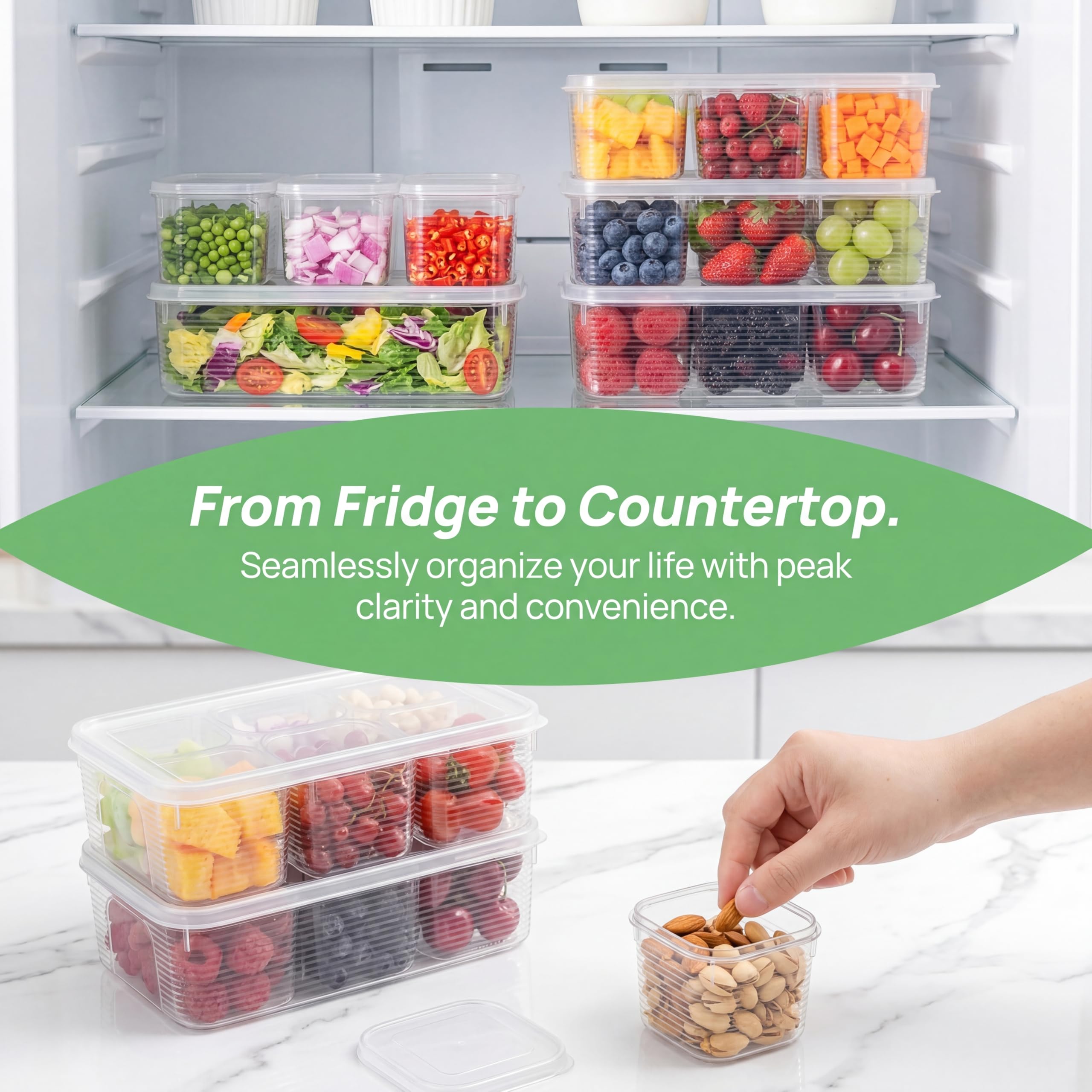 Confezione da 4 contenitori per insalata per frigorifero, contenitori per alimenti con coperchio, organizer per frigorifero diviso riutilizzabile, scatola per la preparazione dei pasti con 6