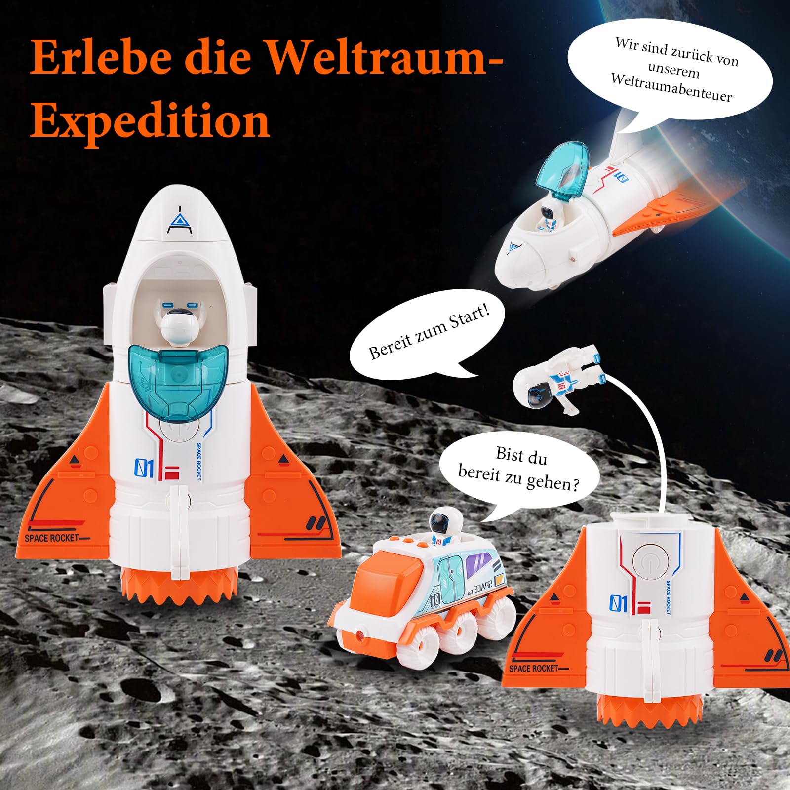 Space Shuttle Missione Spaziale Razzo Giocattolo, astronave arancione con suono, 3 figure di astronauti, cabina di pilotaggio incernierata, marmitta spray, regalo di compleanno per bambini
