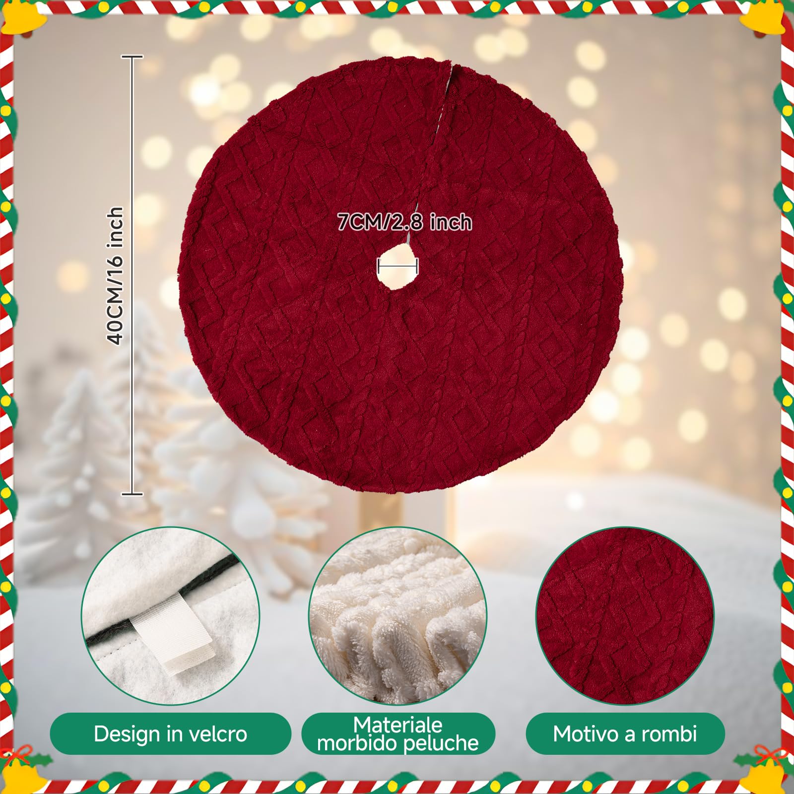 Lanpn Falda Cubre Pie para Arbol de Navidad de 40cm, Pequeño Lujo Piel Sintética Alfombra de árbol de Navidad Redondas, Cubiertas para Base Alfombra para Decoración Navideña de Interiores (Rojo)