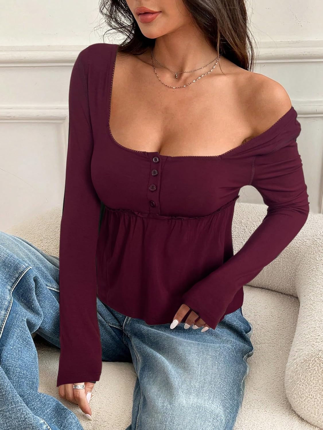 SOLY HUX Women's Babydoll Tops Long Sleeve Henley Shirts Cute Square Neck Coquette Peplum Top - Image 5