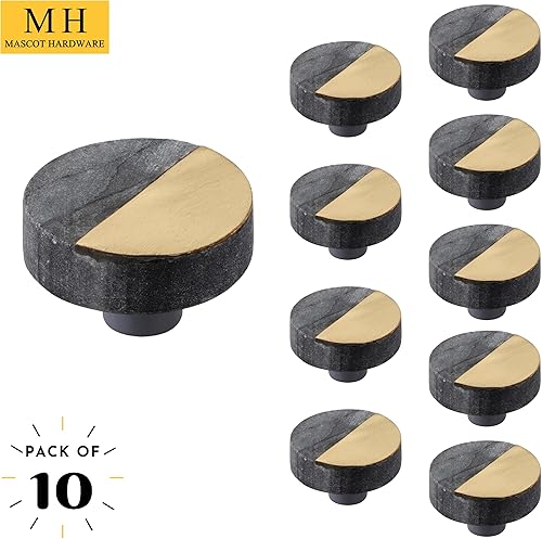 Miniatura 2 de Mascot Hardware Stamford - Paquete de 10 perillas redondas de mármol con placa de latón de 1-12 pulgadas, pomos redondos de mármol gris, pomos de