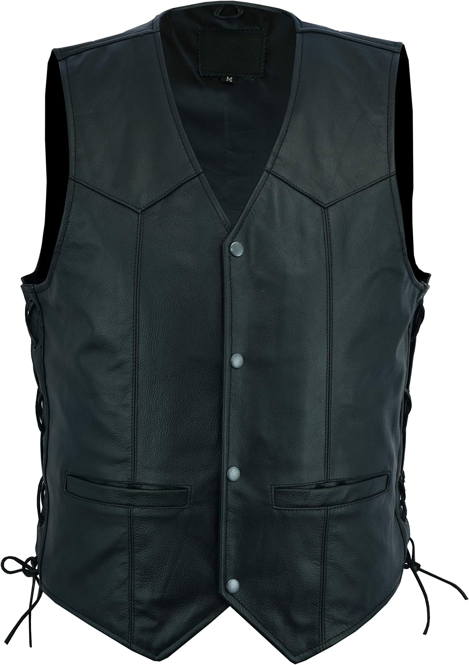 Ruja Men's Classic Motorbike Biker Leather Vest with Side Laces, Black, XX-Large