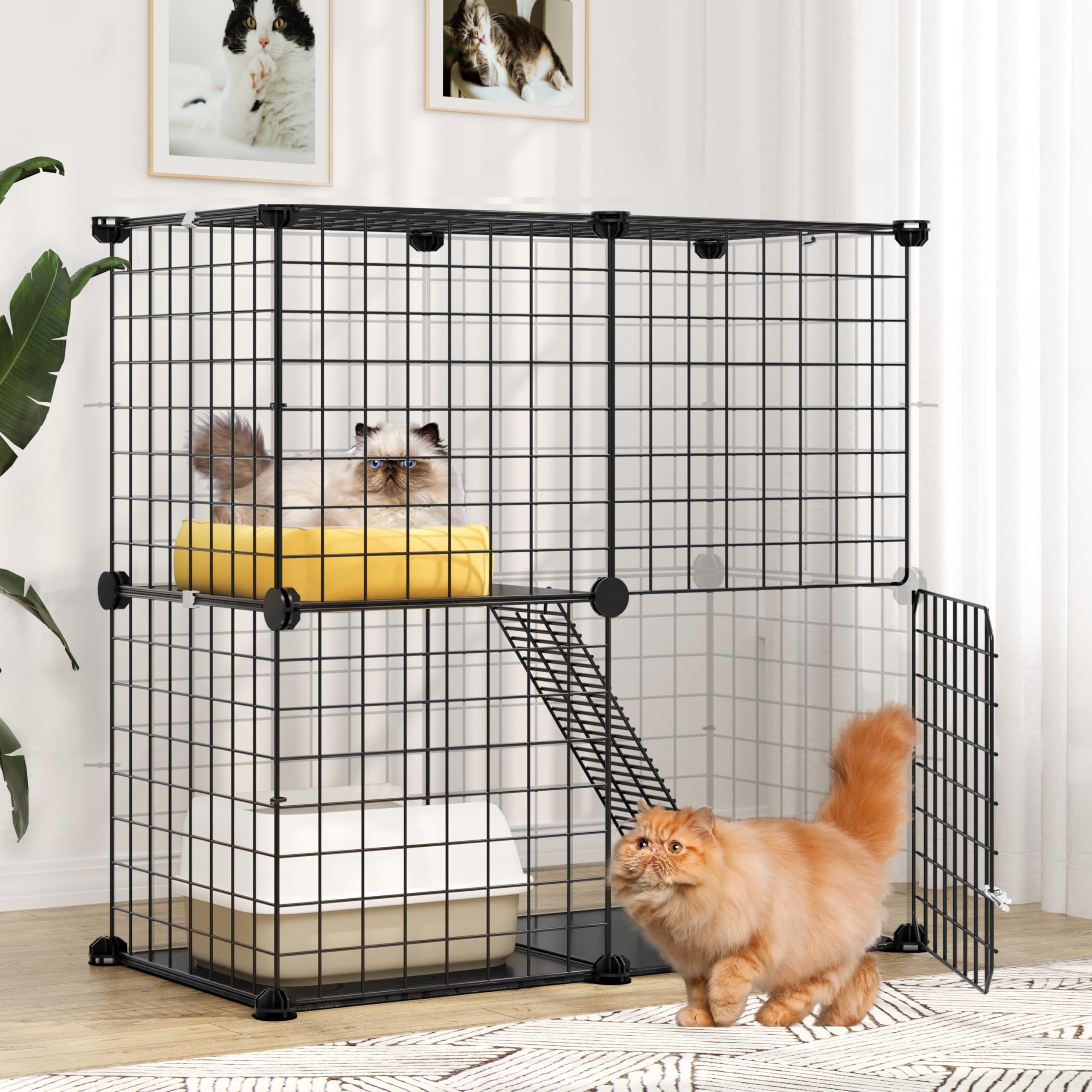 YITAHOME 2 Tier Large Indoor Cat Cage Crate, DIY Pet Playpen with Detachable Metal Wire, Kitten Kennel Condo with Ladder for Small Animals - Puppy Rabbit Bunny Squirrel, Black