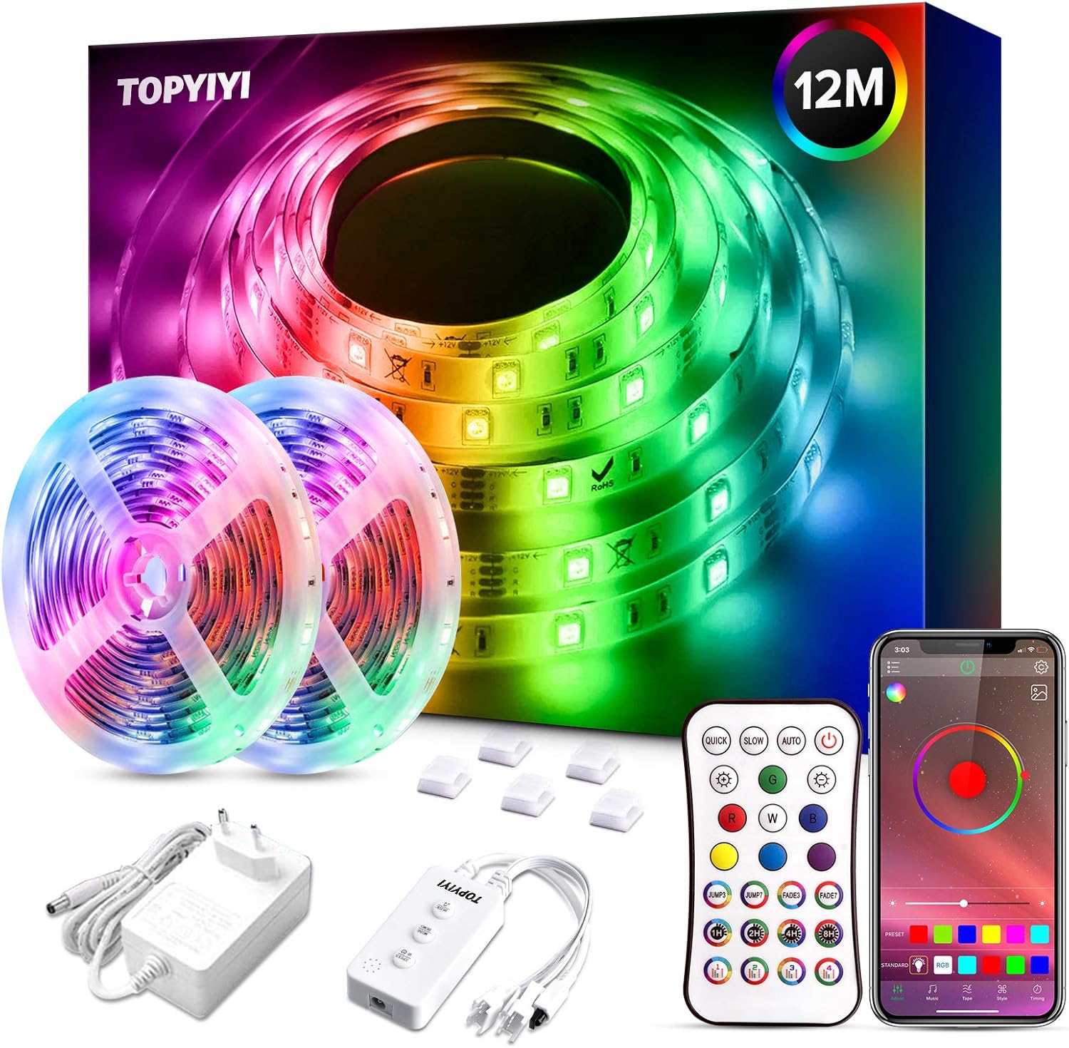 TOPYIYI LED Strip Lights with Remote, 12M Music Sync Colour Changing