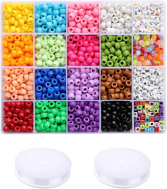 Tibaoffy Crafts Multicolor Pony Beads 6X9mm, Square Letter Beads 6x6mm, Round Letter Beads 4x7mm with Organizer Box for Jewelry Making (20 Assorted Multicolor Set, Total About 2340pcs)