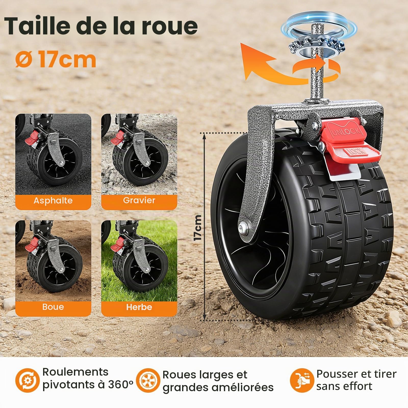 YEAUPE PRO Chariot Pliable 260L 250KG, Roues Larges Tout-Terrain 17cm, Noir