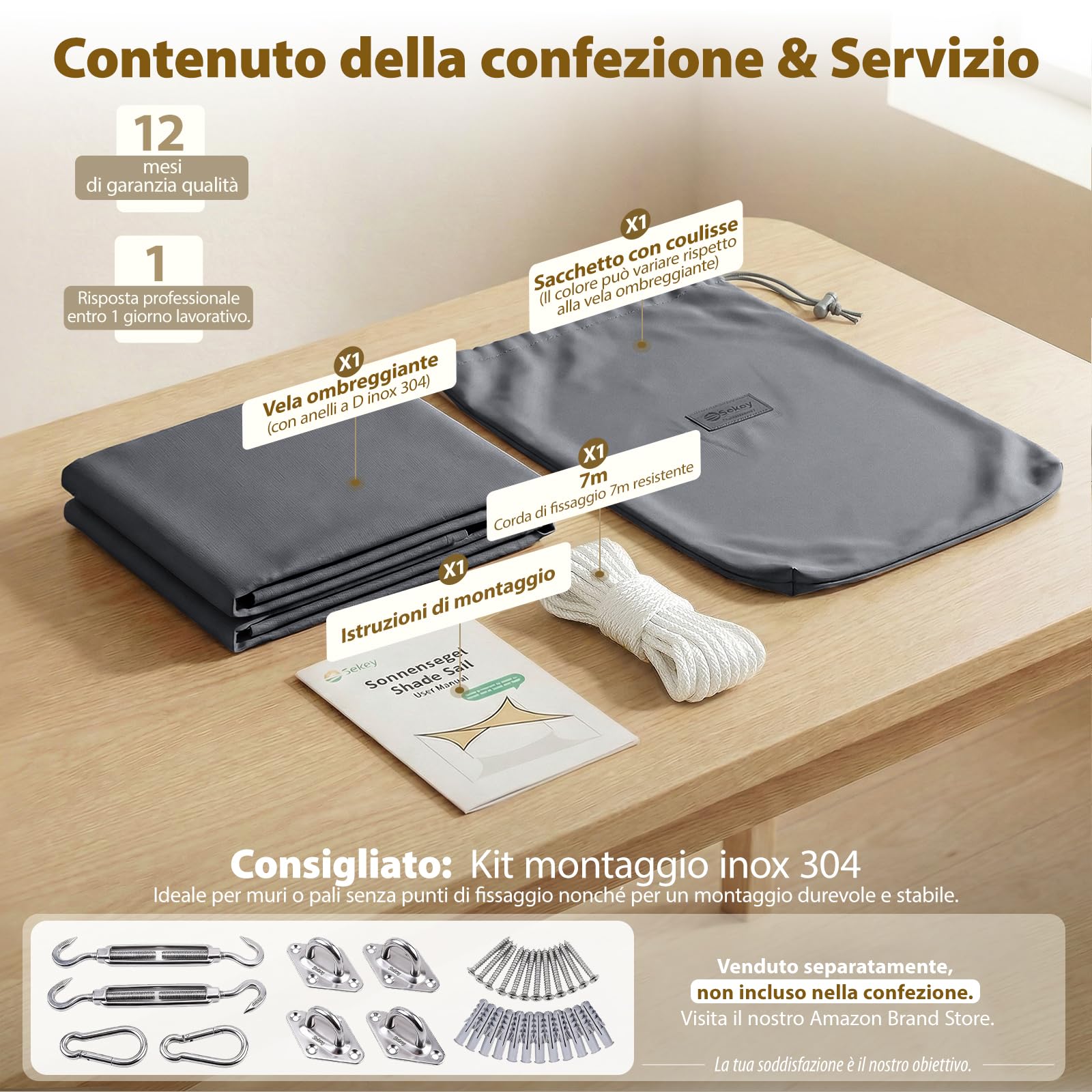 Sekey Vela Ombreggiante Impermeabile 3x3m, PES 160g/m², Resistente a Intemperie/Strappi, Sigillatura Delle Cuciture (Impermeabile Affidabile), UV 95%, per Balcone Terrazza Giardino, Antracite