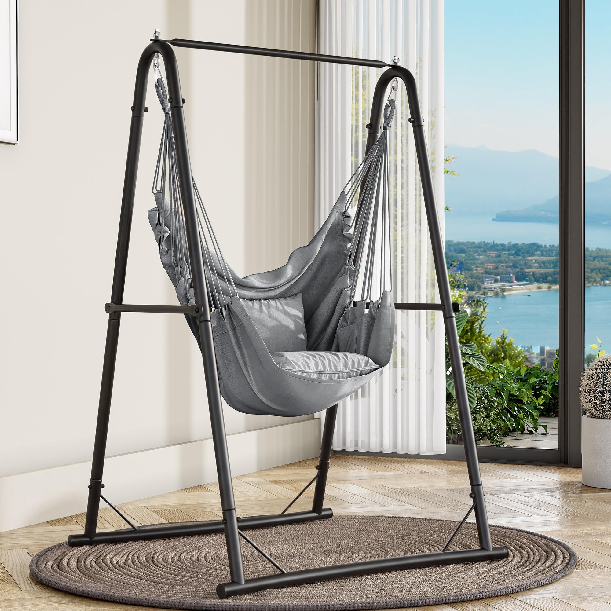 YITAHOME Hängesessel mit Gestell, Max. Belastung 150 kg, Stabiler Stahlrahmen, Hängeschaukel mit Kissen, Hängesessel mit 2 Haken für Terrasse, Balkon und Garte
