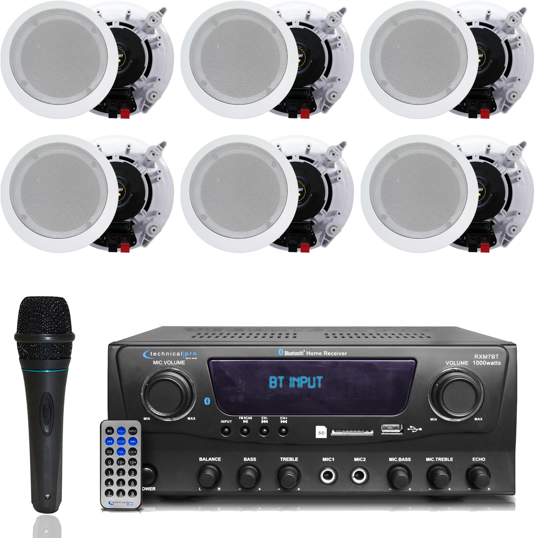1000 Watts 2 Room Bluetooth Home Amplifier and Receiver with USB and SD Reader, (Qty 6) 6.5 Flush Mount in-Wall/in-Ceiling Stereo Speakers, Handheld Microphone with 10 Ft Cable