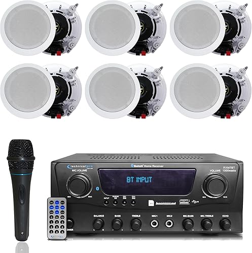 Kit de sistema de cine en casa, receptor Bluetooth de 1000 vatios con 6 unidades de 5.25 pulgadas, 175 vatios cada uno en la pared en el techo