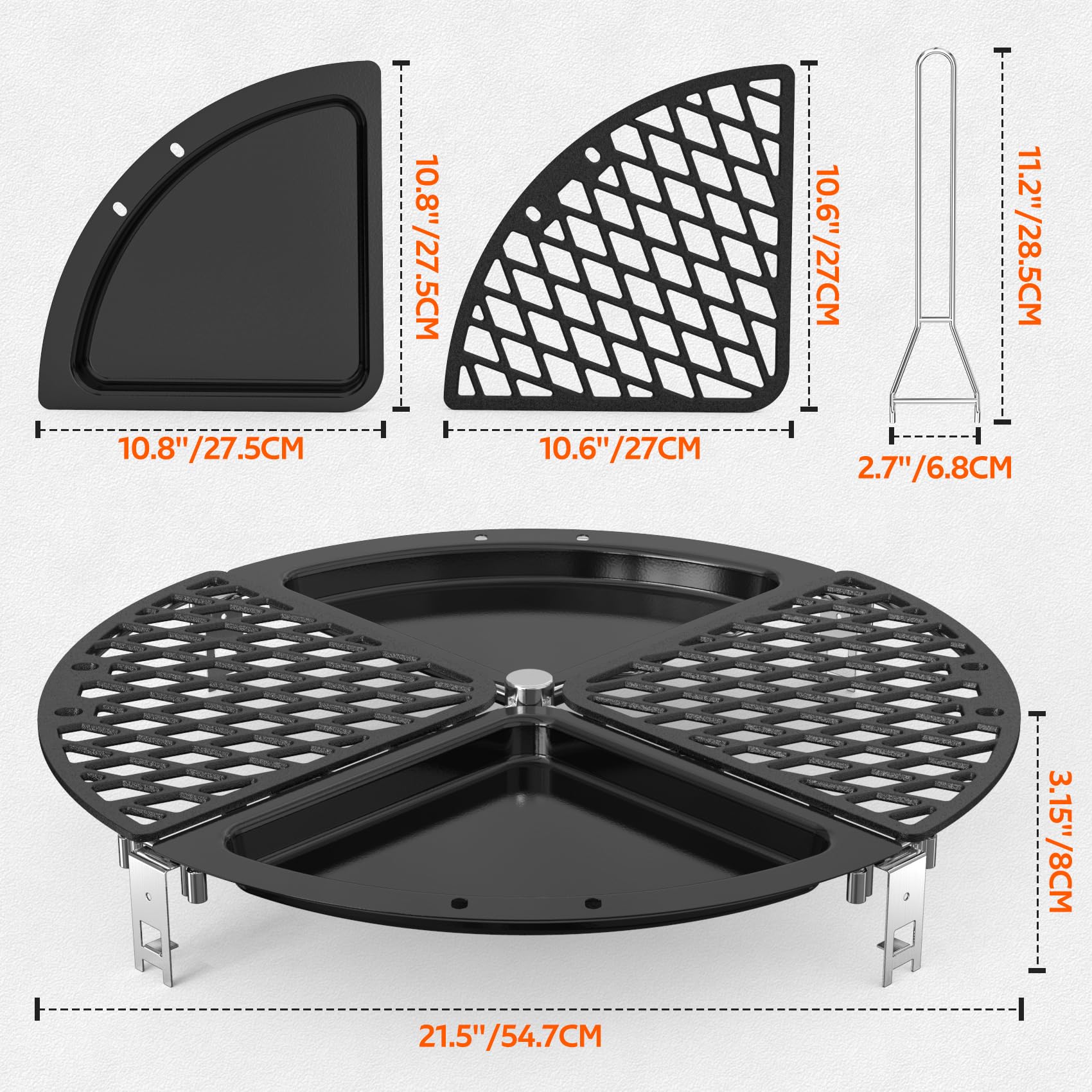 Onlyfire Płyta do grillowania (Plancha) i żeliwny ruszt Zestaw do grilla węglowego Weber 57 cm, Ø 54,7 cm, ruszt kuchenny z podnośnikami rusztu, 4 strefy, akcesoria kempingowe
