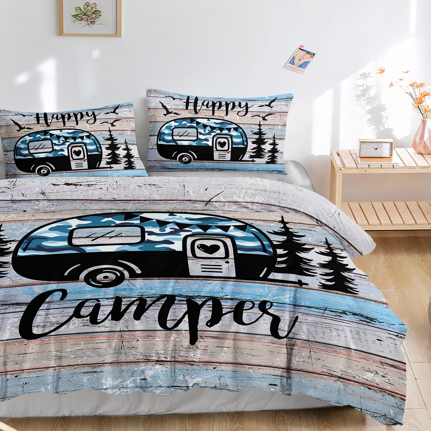 HOSIMA Set di biancheria da letto Felice Camper, 135 x 200 cm, grigio, Happy Camper, 1 copripiumino, 1 federa con cerniera, adatto per bambini, ragazzi e adulti
