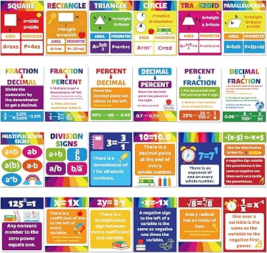 AmazingSpark 24 Pcs Math Posters for Middle School Algebra Classroom Bulletin Board Decor Fractions Mathematics Classroom Banner Decorations for Teachers ManipulativesMulticolor,Rainbow Style