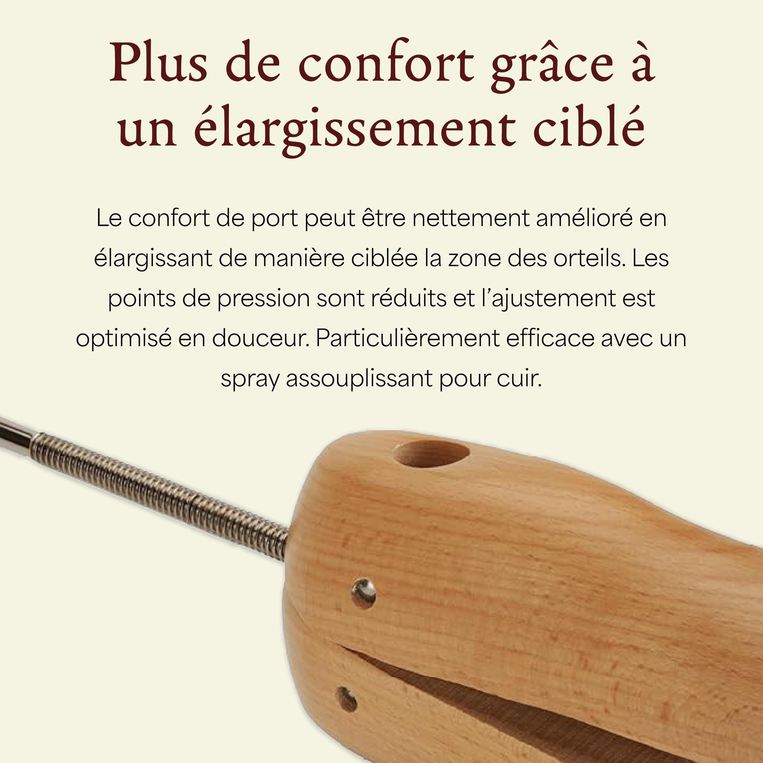 Langer & Messmer élargisseur de chaussures et de bottes pour la boîte à orteils pour hommes contre les chaussures qui serrent fabriqué en bois de hêtre y compris spray d'élargissement du cuir 50ml