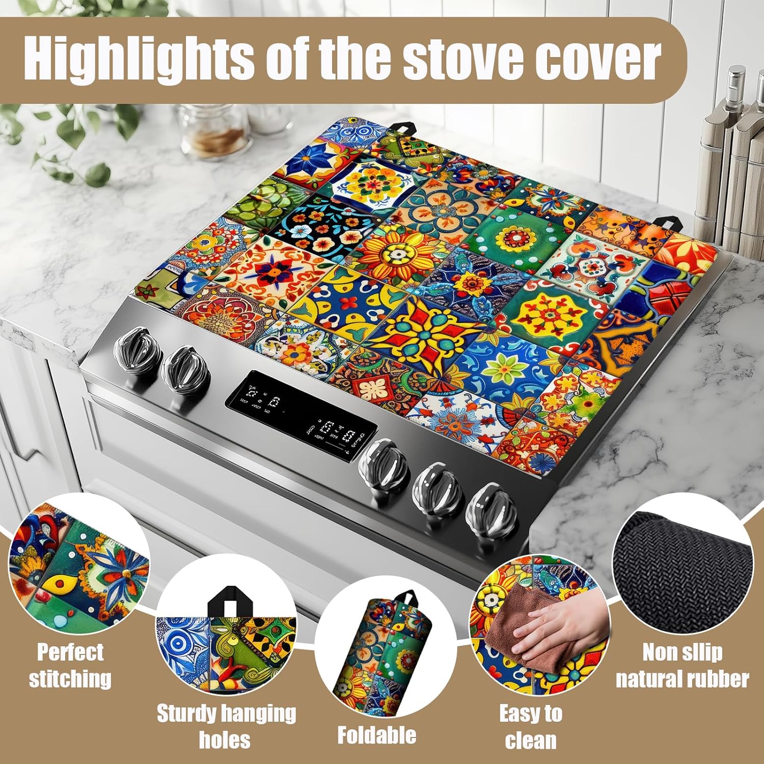 Mexican Talavera Stove Top Covers for Electric Stove, Electric Gas Stove Pad Heat Resistant Range Cooktop Protector for Home Decor Kitchen 28"x20"