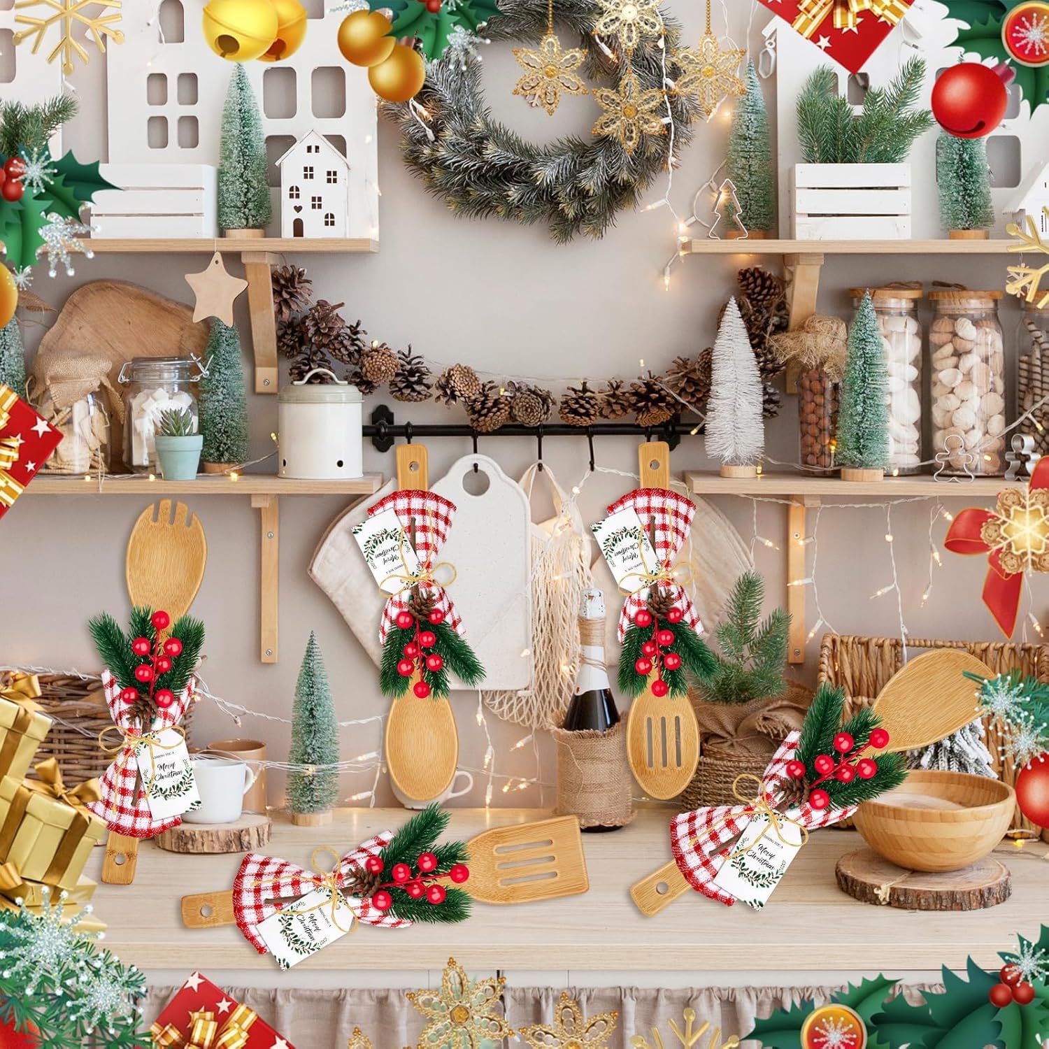 12セット クリスマスギフト キッチン用品セット ホルダー付き スパチュラ 竹製スプーン タグ クリスマス ホリデーギフト キッチン