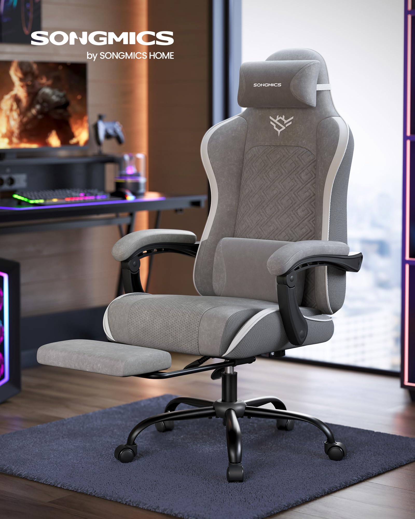SONGMICS Sedia Gaming, Sedia da Ufficio Scrivania, Ergonomica, Seduta con Molle, Poggiapiedi, Braccioli con Meccanismo Sincronizzato, Grigio Tortora OBG079G01