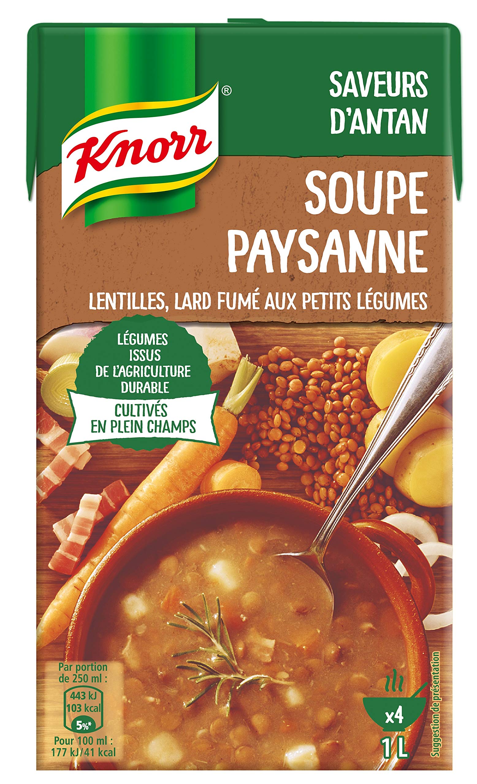 Knorr Soupe Secrets de Grand-Mère Soupe Paysanne Lentilles/lard Fumé aux Petits Légumes 1 L - Lot de 4
