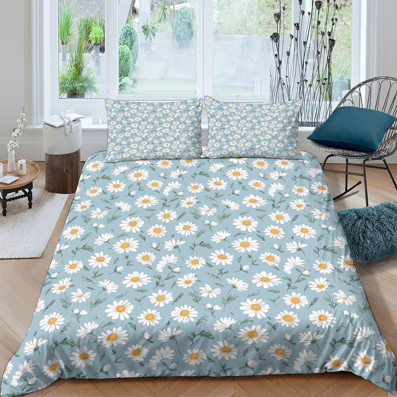 Ctjqhvkz Style-4 3D Printed Daisy Floral Fitted Sheet Microfiber Soft Blue Mattress Cover For Bedroom Guest Room Slip-Resistant Machine Washable Single（135X200cm）