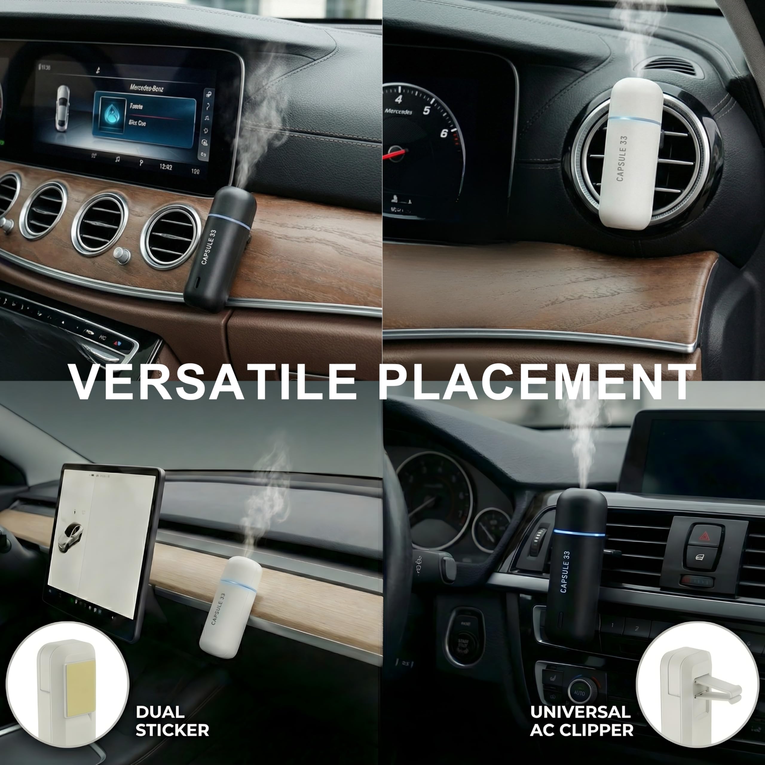 Paquete de iniciación de perfume para coche, ambientador de coche, difusor de aroma ultrasónico, 6 fragancias (cristal blanco, diamante rojo, oro oriental, azul océano, cereza dulce, rosa