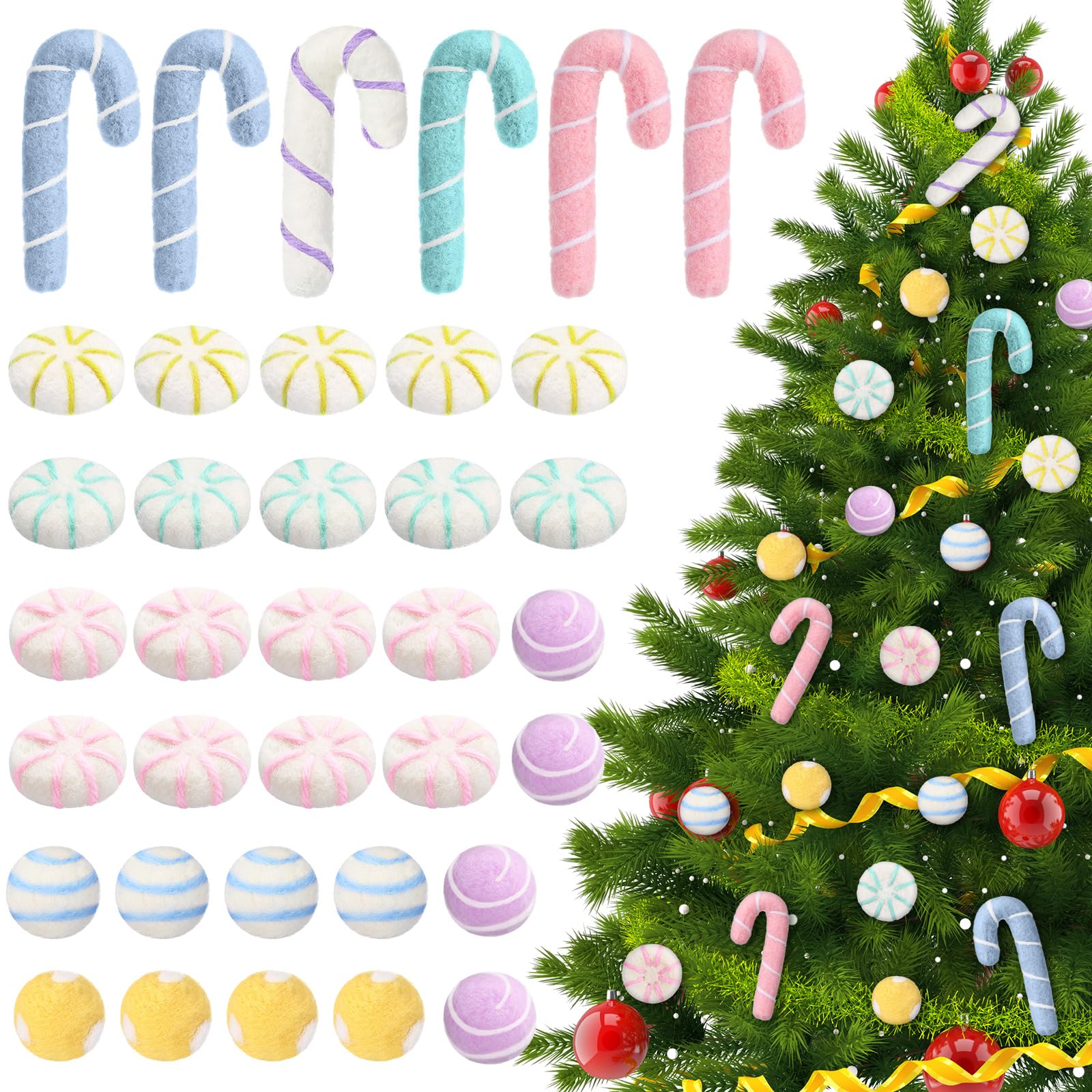 Syhood 36 Pcs Christmas Felt Candy Canes Ornaments Set Red Green Pink White Candy Canes Peppermint Felt Hanging Ornaments for Xmas Tree Decor Crafts DIY Party Favors (Macaron)