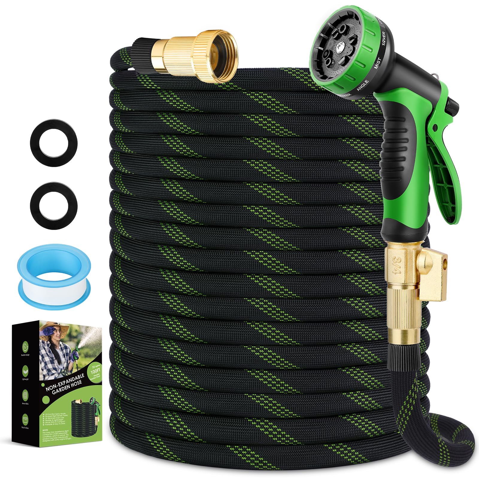 Garden Hose 50 ft, NON-EXPANDABLE Ultra Lightweight & Super Flexible Water Hose With 10-Pattern Spray Nozzle, Kink-Free Hose, Leak-Proof, Durable 3750d High-Density Fabric, Brass Fittings