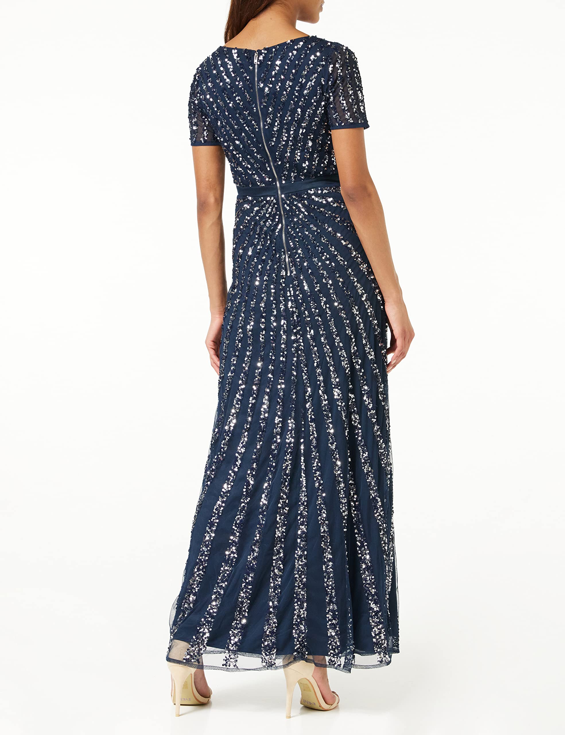 Maya Deluxe Damska sukienka maxi, damska, z wyszywanymi cekinami, z długim rękawem, dekolt w serek, wysoka talia, krój A, błyszcząca, na studniówkę, wesele, dla druhny, grantowy, 48