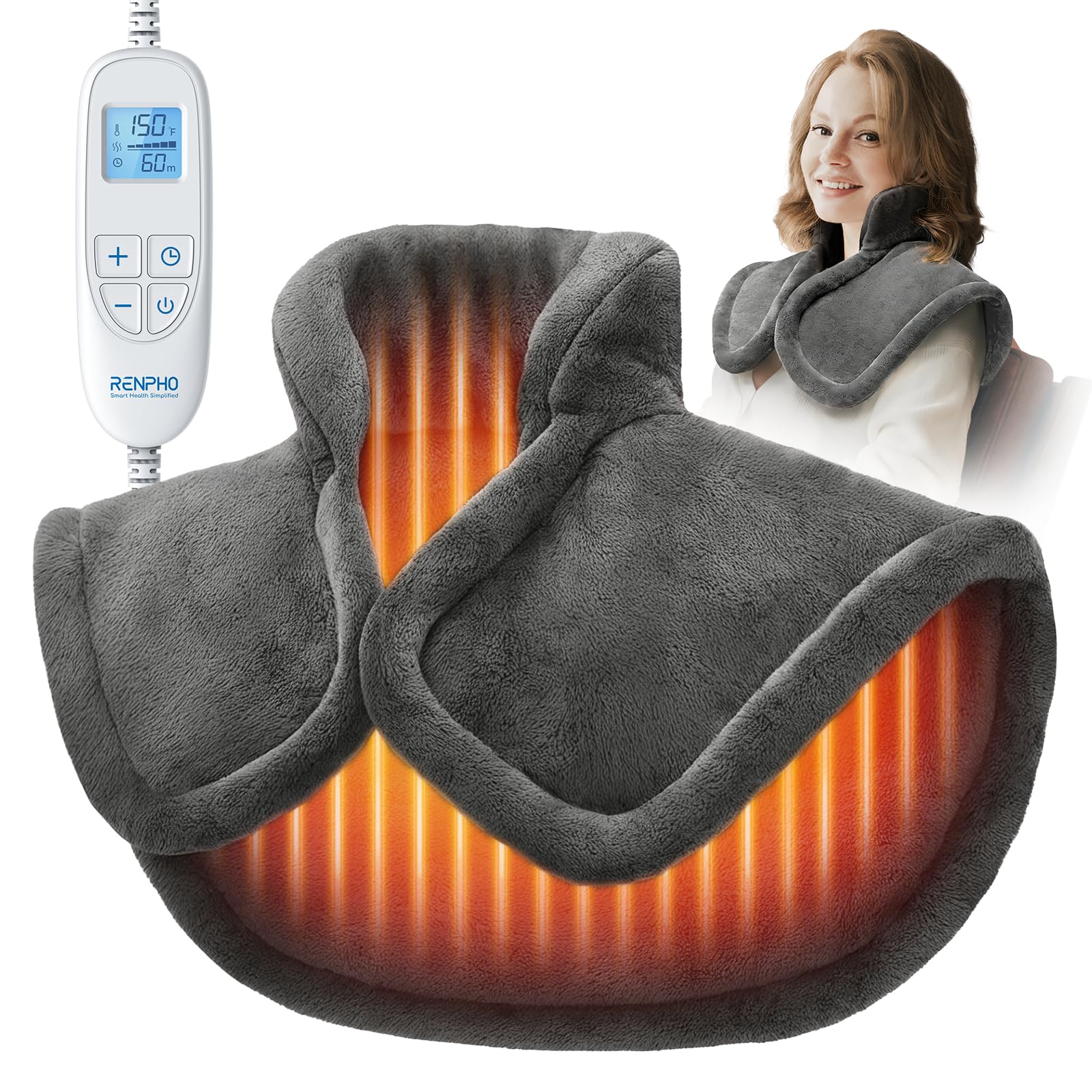 RENPHO Electric Neck Heating Pad, Birthday Gift for Women Men Mom Dad Her Him, Neck and Shoulder Heated Wrap, Edge Weighted, ETL Certified, 21"x23" Gray