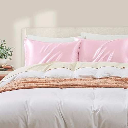 Miniatura 2 de Juego de 2 fundas de almohada de satén rosa tamaño Queen para cabello y piel, funda de almohada de seda rosa transpirable con cierre de sobre