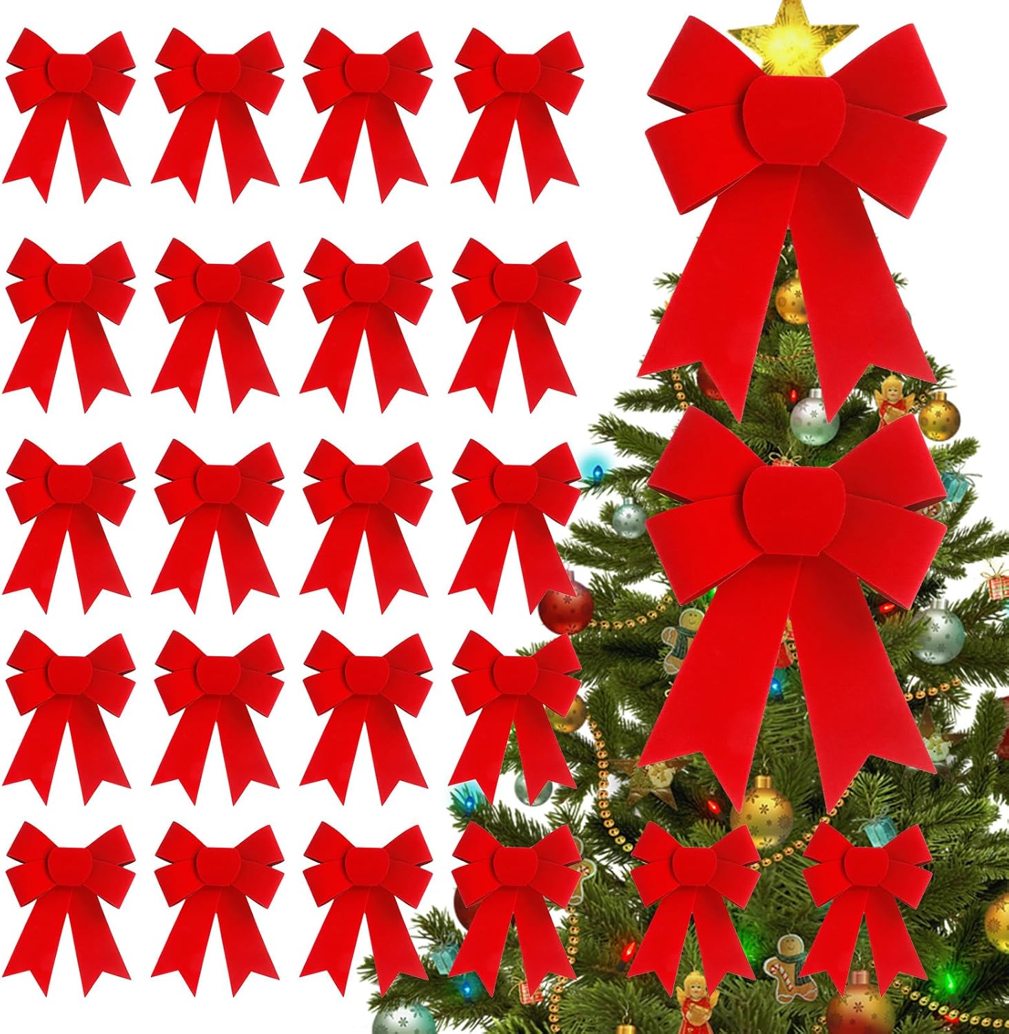 24 PCS 5x8 Inches Christmas red Velvet Bow - Red Velvet & PVC Hanging Decorations for Xmas Tree, Wreath, Railing, Fences,Indoor Outdoor Holiday Party Supplies (Red 1, 24 PCS)
