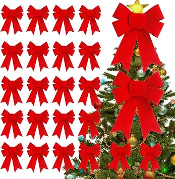 24 PCS 5x8 Inches Christmas red Velvet Bow - Red Velvet & PVC Hanging Decorations for Xmas Tree, Wreath, Railing, Fences,Indoor Outdoor Holiday Party Supplies Red 1, 24 PCS