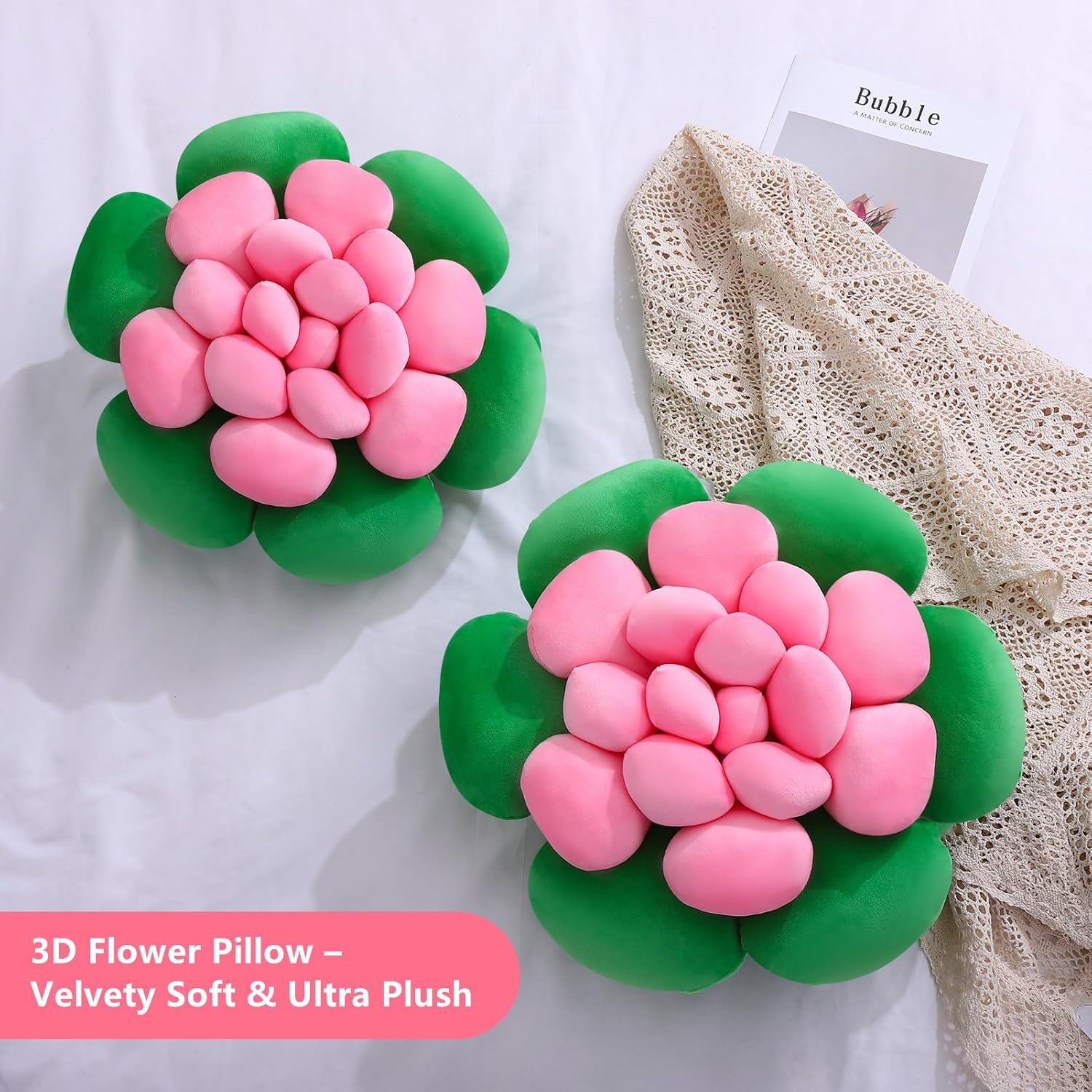 3D Flower Pillow – Velvety Plush Decorative Plant-Inspired Cushion for Chair, Couch, or Bed – Cute Throw Pillow for Home & Garden Decor, Gift for Plant Lovers, 40cm/15.8inch