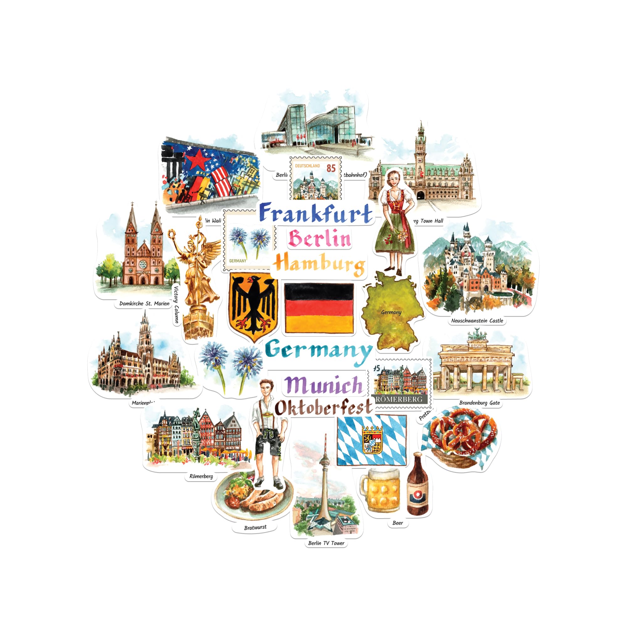 Navy Peony Gorgeous Germany Statement Stickers - Hand-Illustrated Watercolour, Glossy, Waterproof - for Suitcases, Laptops, Water Bottles (29-Piece Set)