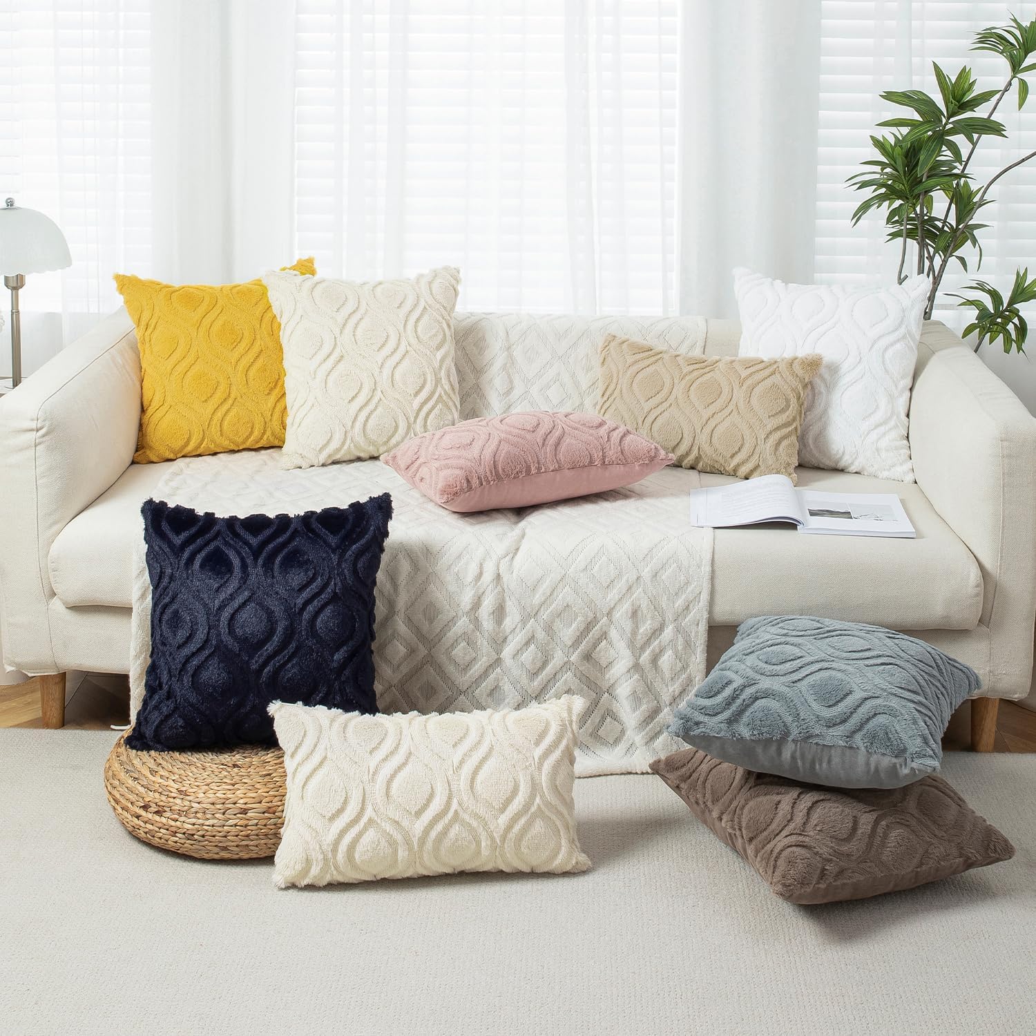 BVEED Throw Pillow Covers 24x24 Set of 2 Boho Decorative Pillow Covers Luxury Soft Plush Short Faux Wool Cushion Covers for Couch Sofa Bedroom Living Room,Beige