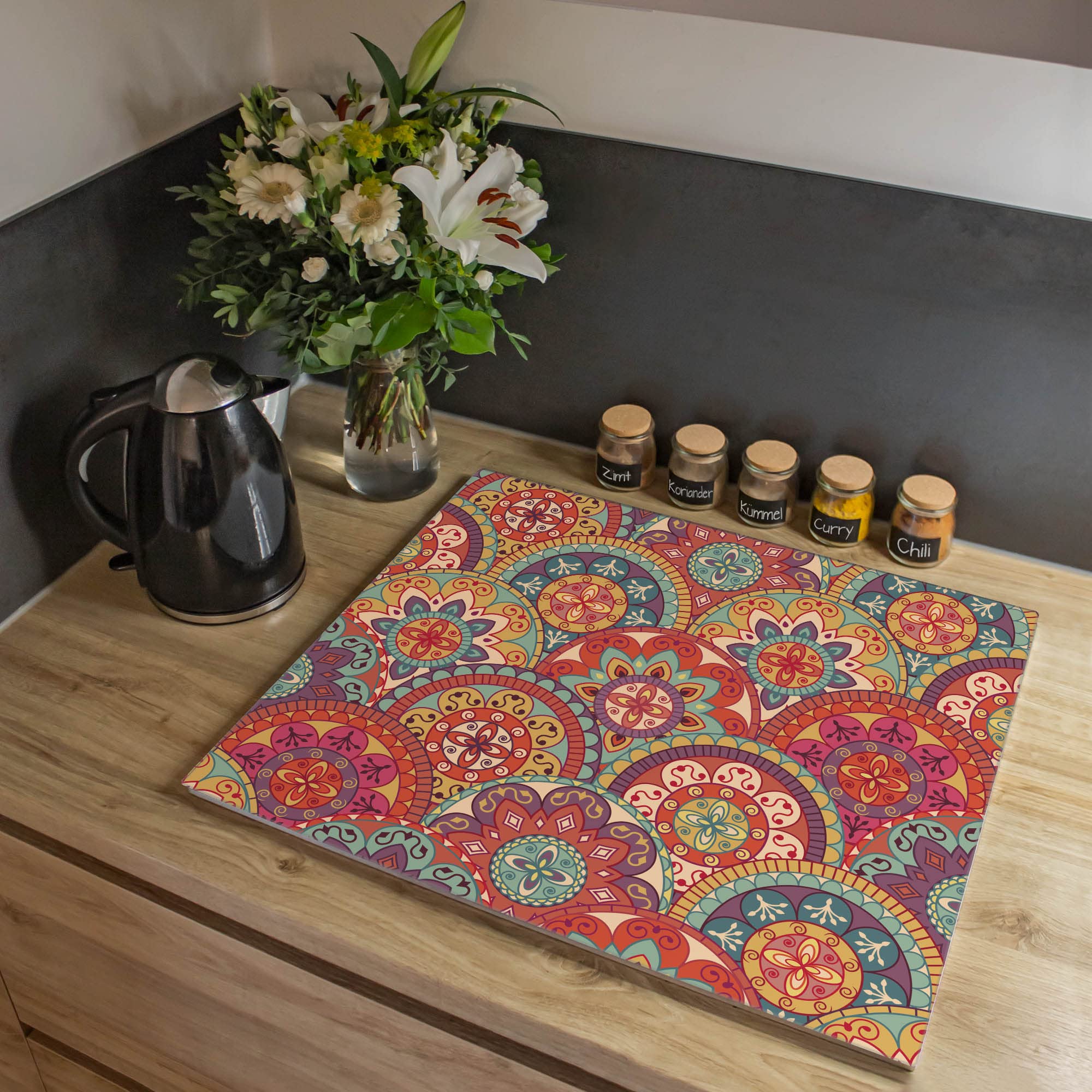 banjado Herdabdeckplatte Glas mit abstraktem Muster Design mit Schneidebrett Funktion, 60x52 cm einteilig, gehärtetes Sicherheitsglas, Ceranfeld Abdeckung als Spritzschutz, mit Motiv Rosetten
