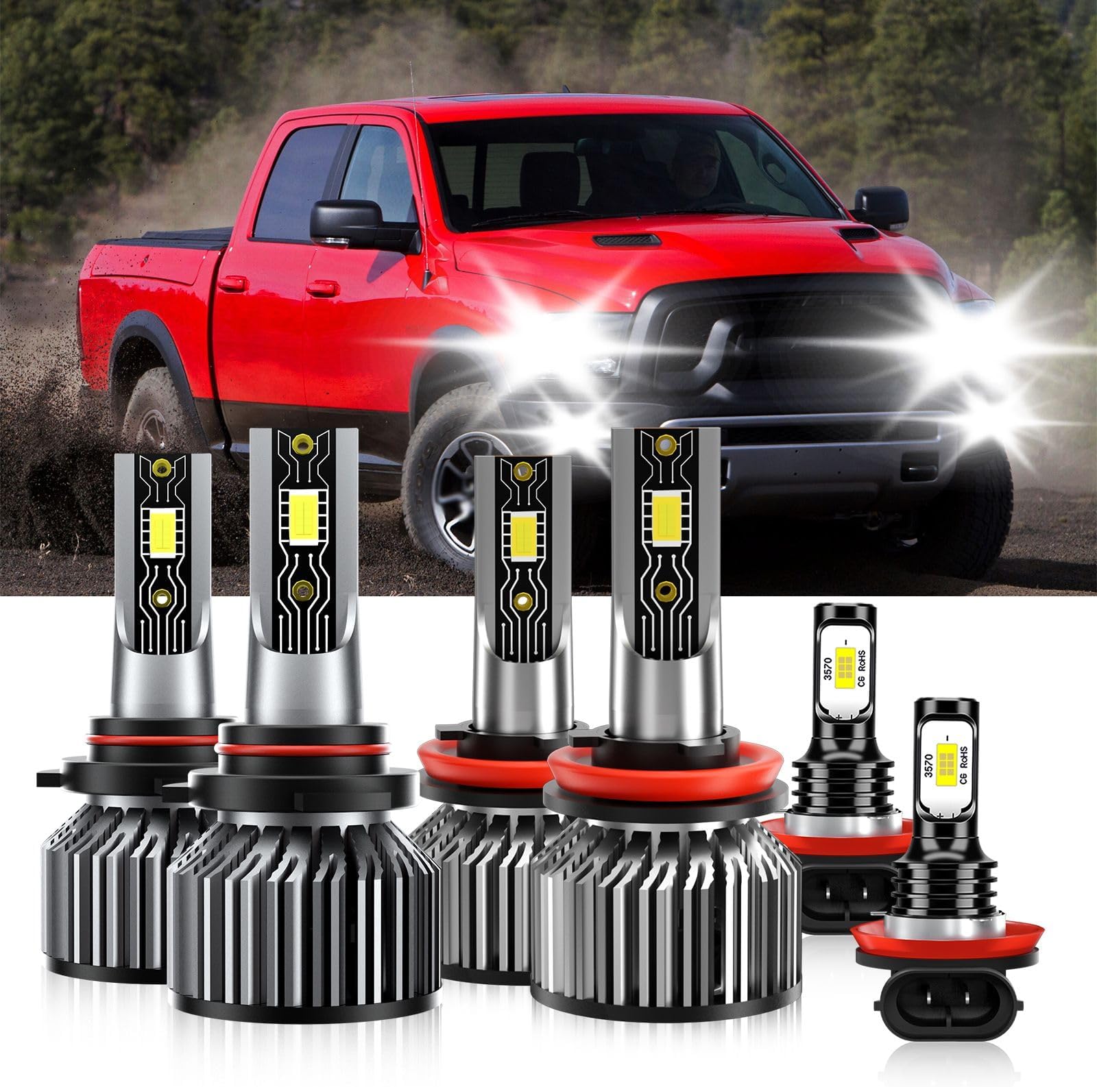 Compatible For Ram 1500 2500 3500 2019-2023 9005 H11 High/Low Beam H11 Fog Light Bulbs, 600% Brightness 6500K White with Cooling Fan, Plug and Play, IP68 Pack of 6