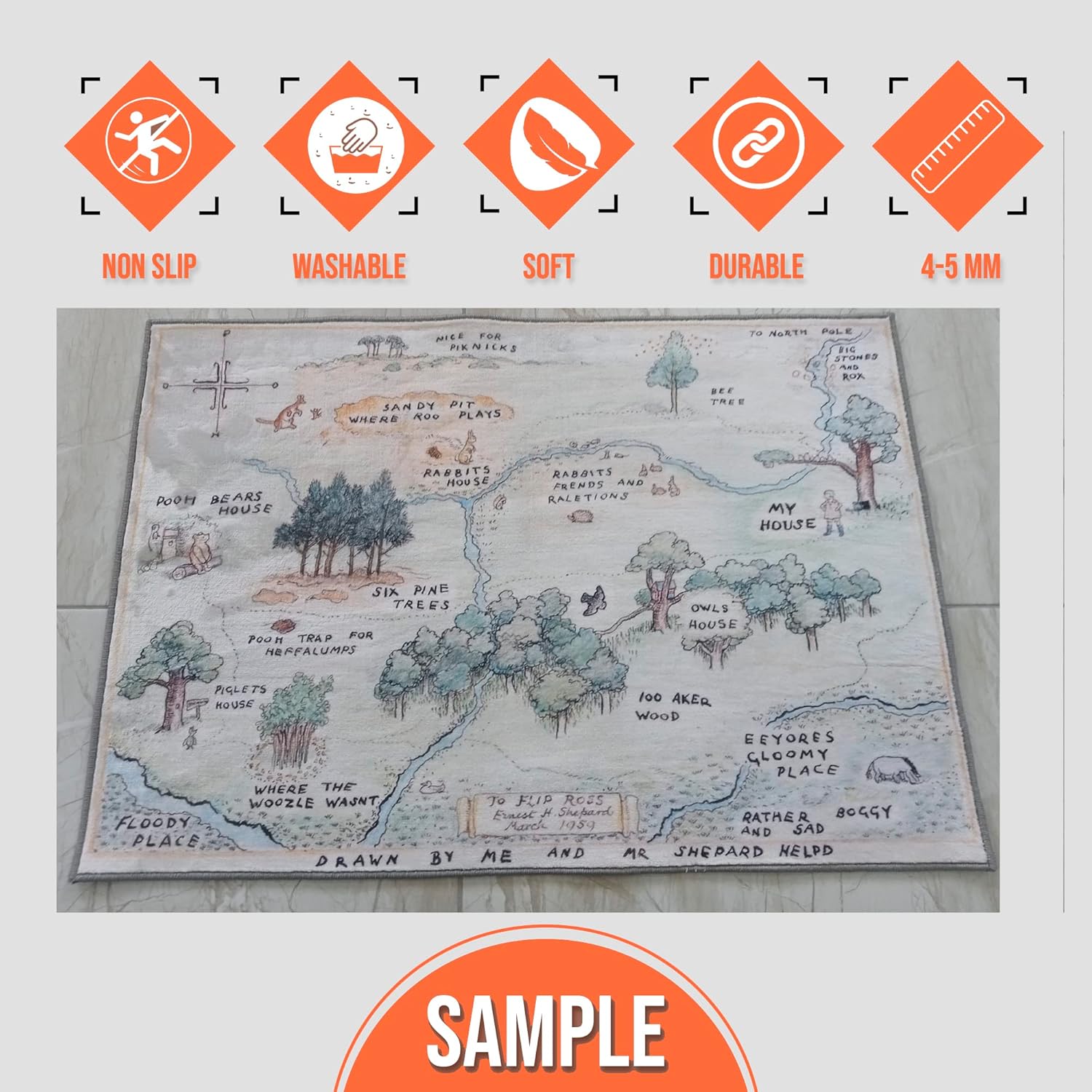 Generic Kids Room Rug, Pooh Bear Map, Soft Play Rug, Area Rug, 160x230cm