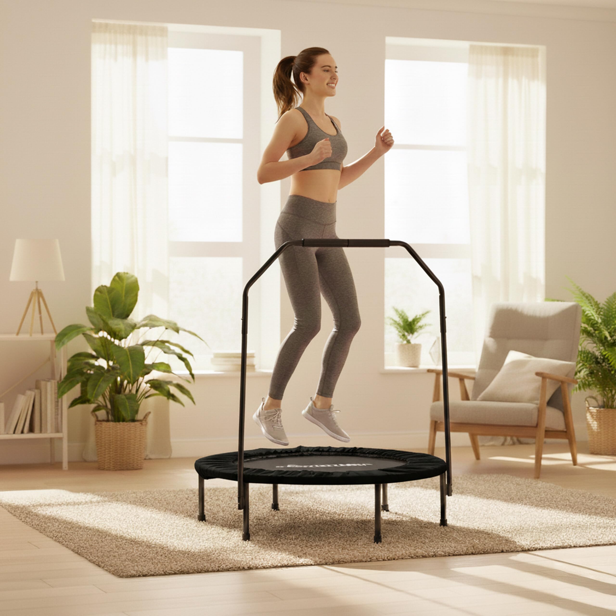 Trampolín Relaxdays con Barra, Ø 102 cm, minitrampolín Plegable hasta 120 kg, para Interiores, Colores a Elegir