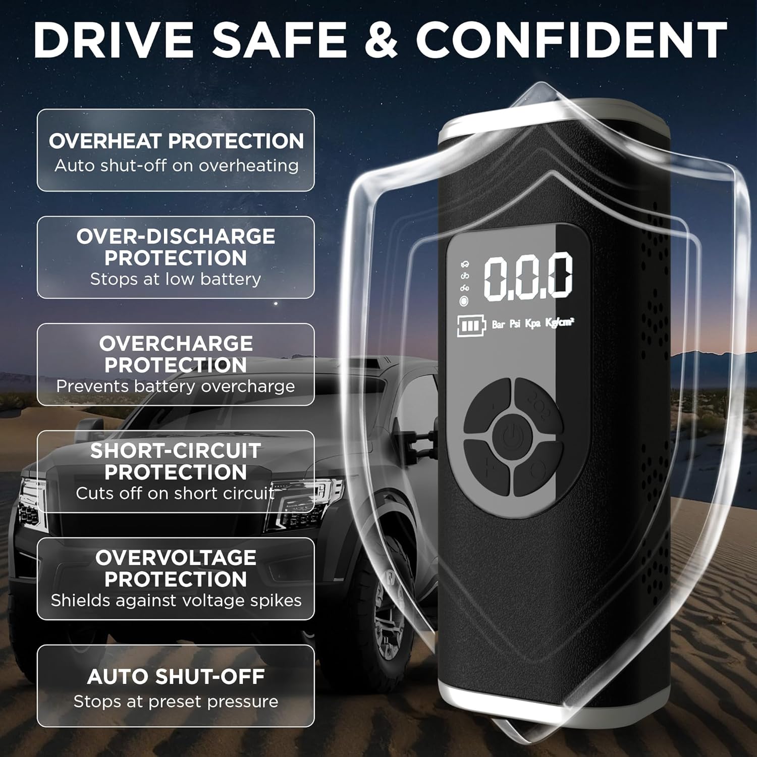 StartPro Tire Inflator Portable Air Compressor, 150PSI Cordless Air Pump, Dual Power Suply, LED Display, Flashlight, Auto Shut-Off, Fast Inflation for Car, Motorcycle, Bike, and Sports Equipment