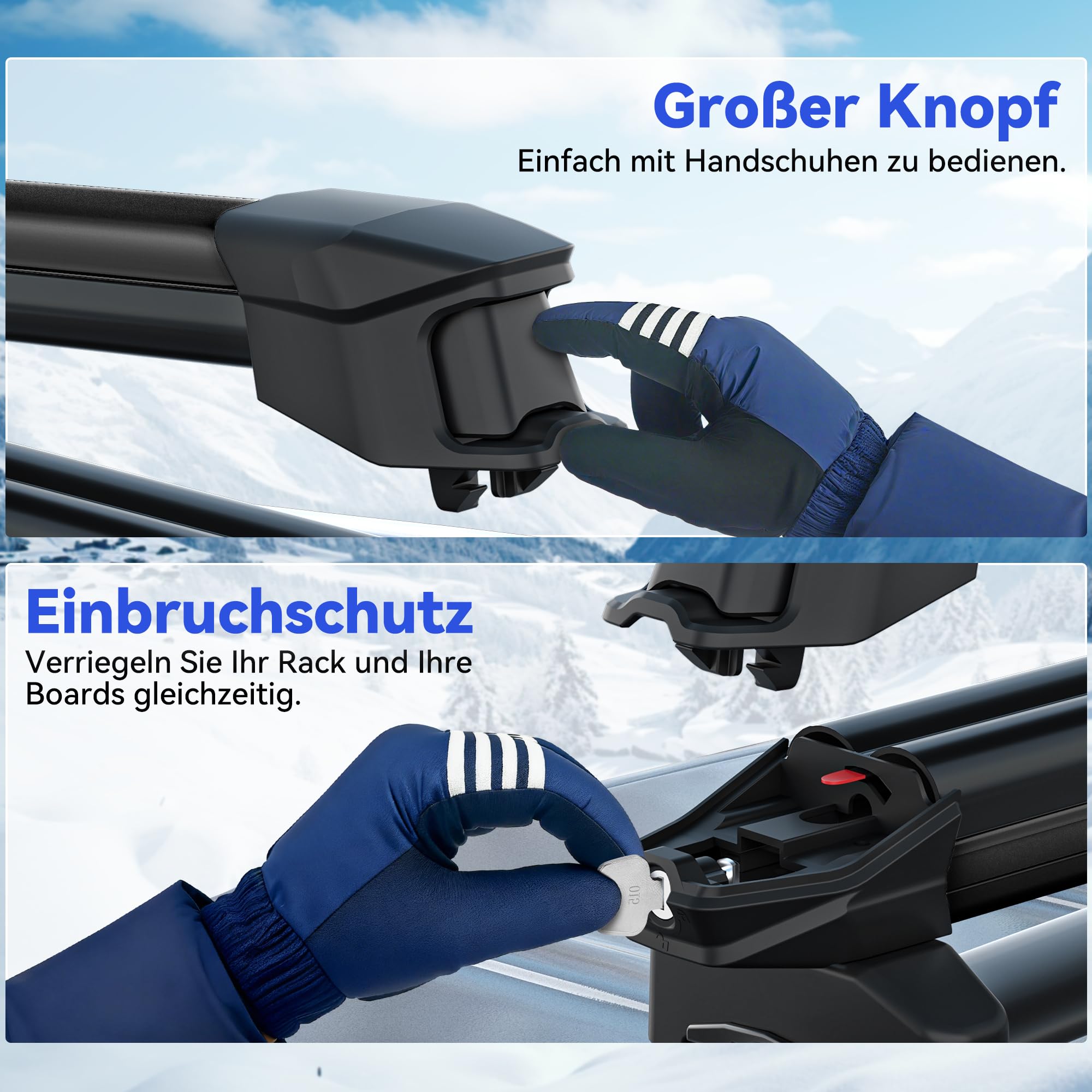 Ski- und Snowboard-Dachträger, Universal-Skiträger, mit Anti-Diebstahl-Schloss, 28'' Passend für 6 Paar Skier/4 Snowboards, Passend für Square/Round/Aero/Oval Cross Bars, eisenhaltig