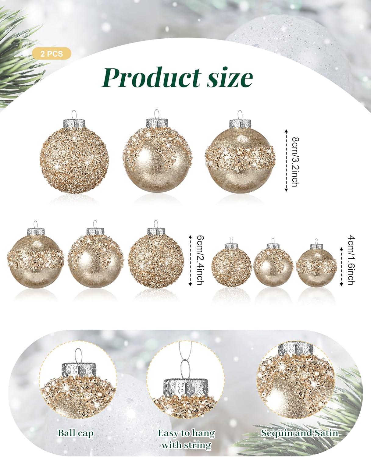 Civaner 24 Pcs Glitter Christmas Ball Ornaments Set 3.2'' 2.4'' 1.6'' Christmas Tree Ornaments Hanging Sequin Shatterproof Balls for Xmas Tree Wreath Garland Xmas Home Decor(Champagne Gold)
