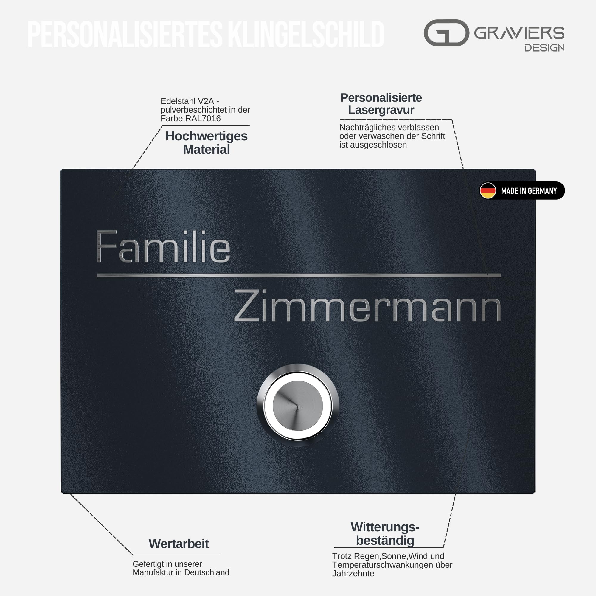 Klingelschild aus V2A Edelstahl mit Gravur von Graviers Design – Pulverbeschichtet in RAL 7016 – LED Klingeltaster – Türklingel – Made in Germany
