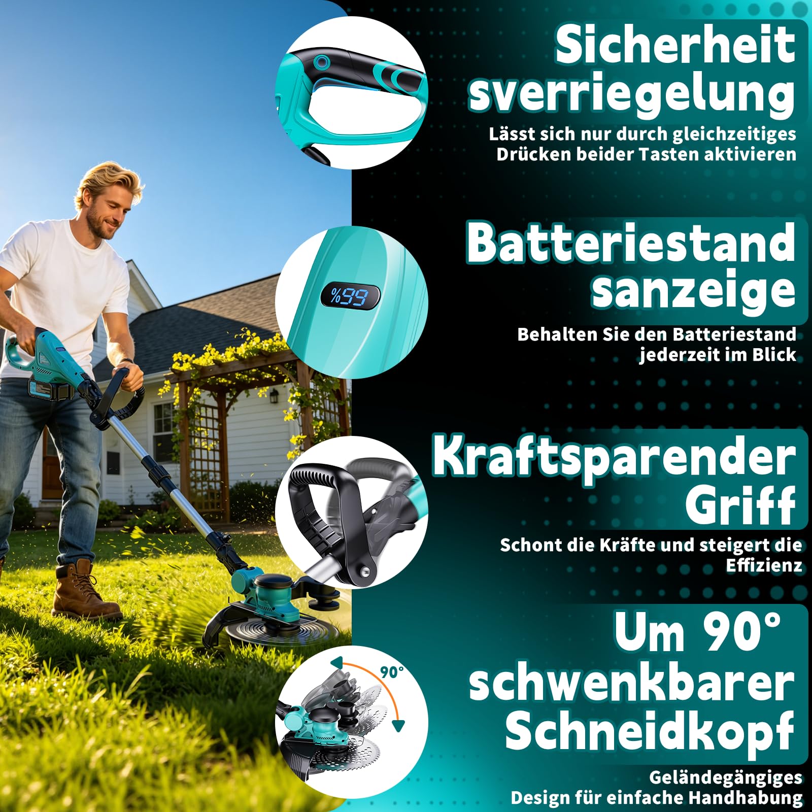 Rasentrimmer mit Akku,Elektro Rasentrimmer mit 2 X 4.0Ah Akkus und Ladegerätn,freischneider mit unkrautbürste,1000W Bürstenloser Motor,Elektro Trimmer Gartenkantenfräser für Garden und Rasen