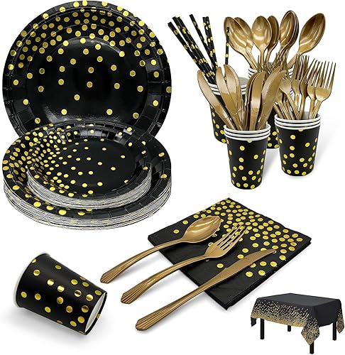 Suministros desechables para fiestas, juego de vajilla de 60 piezas negro y dorado que incluye platos de 79 pulgadas, servilletas, mantel, vasos,