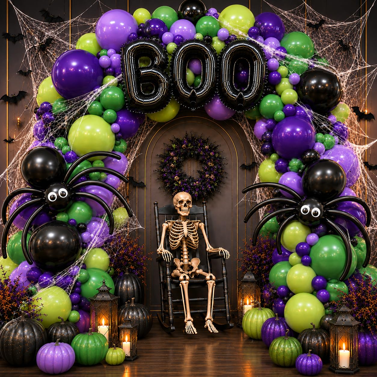 178-teiliges Halloween-Ballonbogen-Set – doppelt gefüllt, dunkellila und staubiges Olivgrün mit schwarzen langen Luftballons, Spinnennetz, 3D-Fledermäuse, für Halloween-Boo gruselige